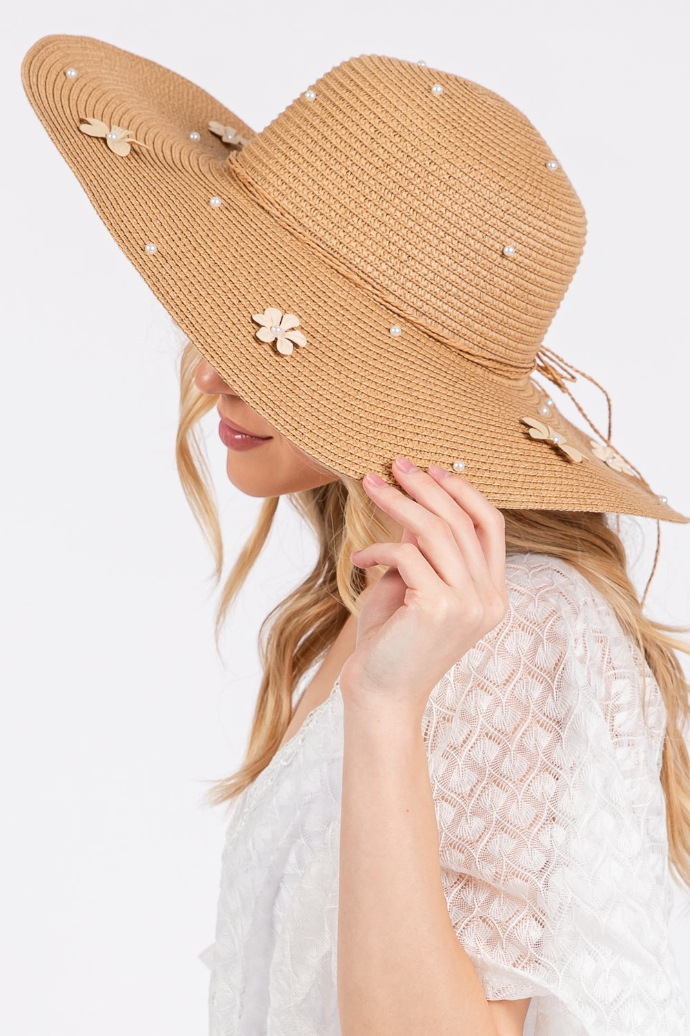 Taupe Daisy and Pearl Decorated Wide Floppy Sun Hat - Pack of 6