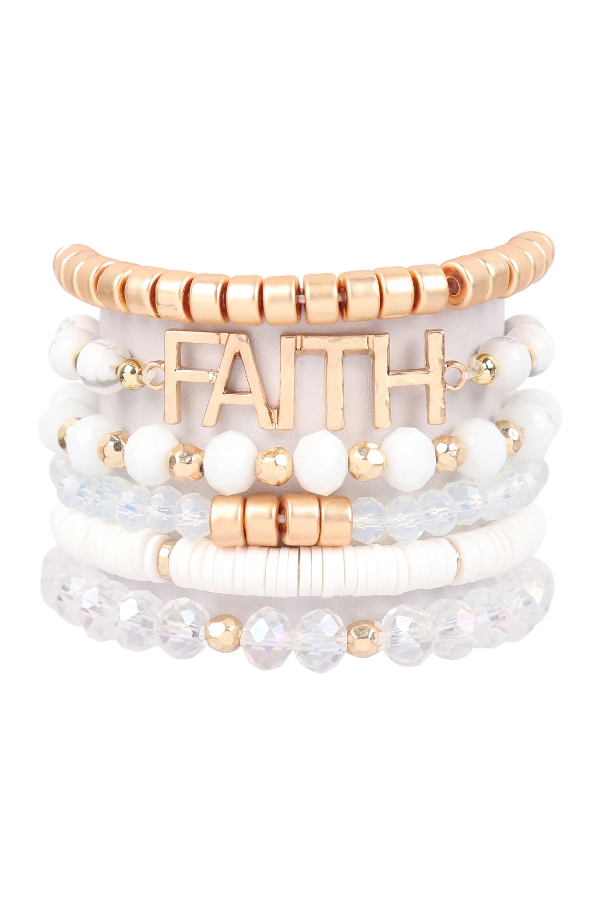 Set of 6 White Mix Beads Faith Charm Bracelets