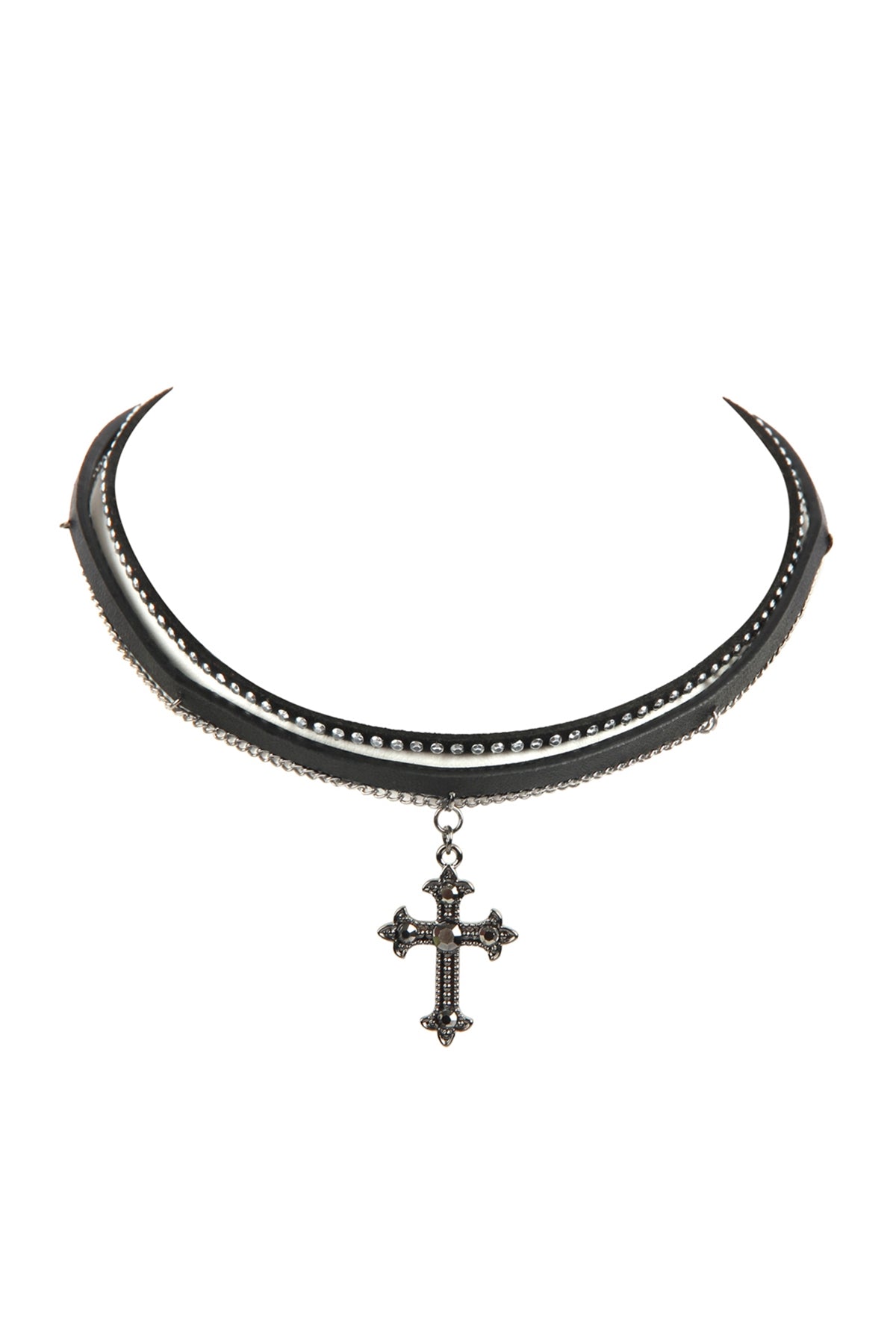 Pack of 6 Black Leather and Metal Cross Choker Necklaces