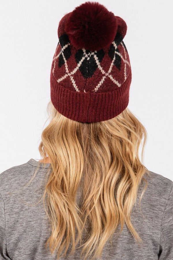6-Pack of 2810 Taupe Wool-Blended Argyle Fleece Pom Pom Beanies