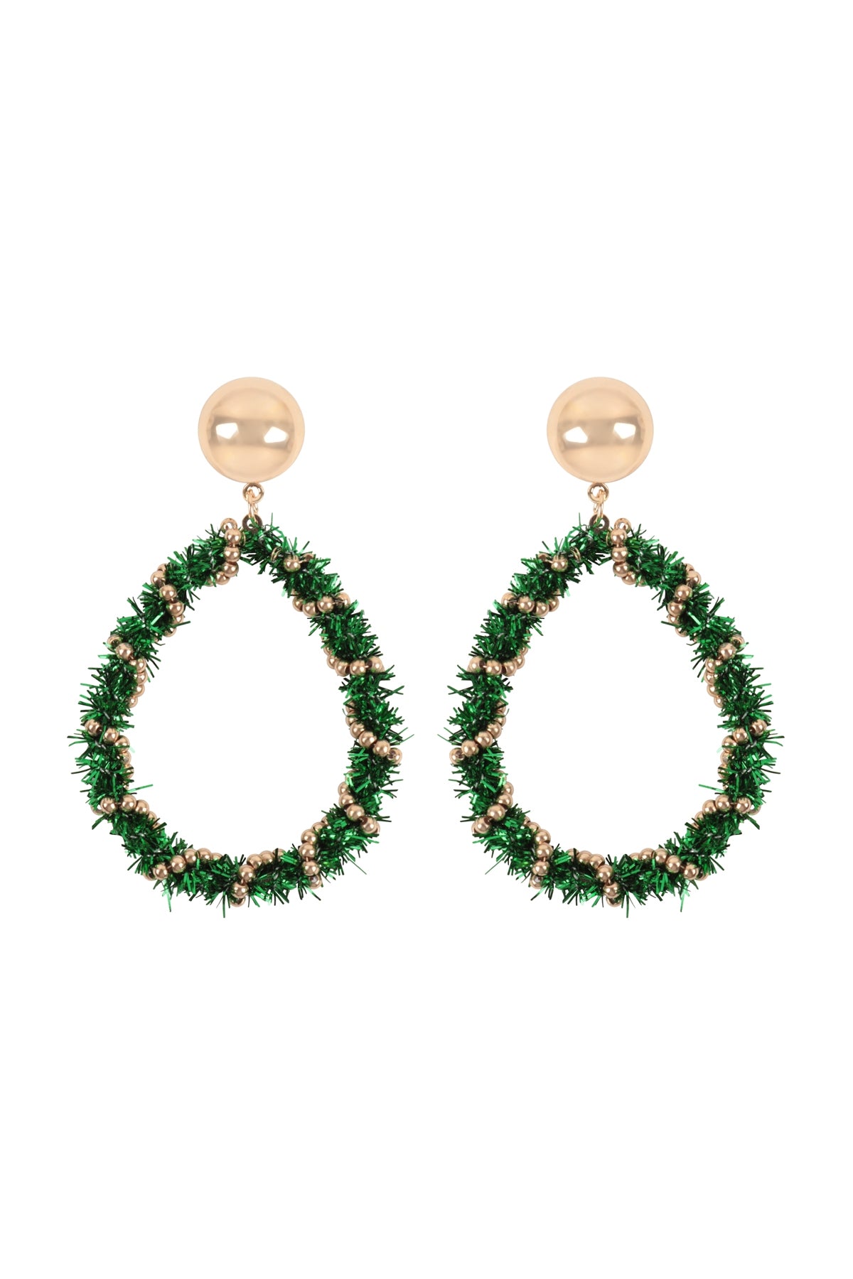 Set of 6 Green Christmas Wreath Tinsel Teardrop-Shaped Earrings