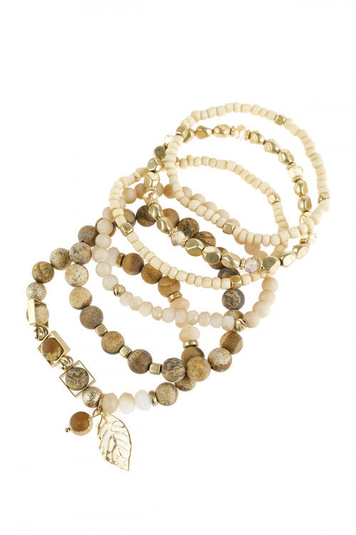 Pack of 6 Light Brown Natural Stone and Acrylic Bead Mixed Leaf Charm Stretch Bracelets