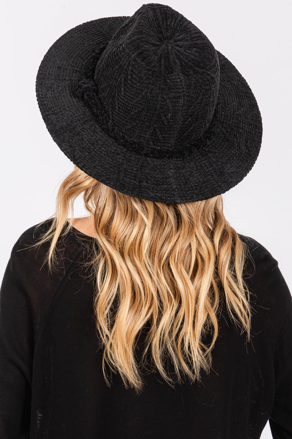 Black Chenille Pattern Fedora Hats with Braided Bands - Pack of Six Stylish Headwear