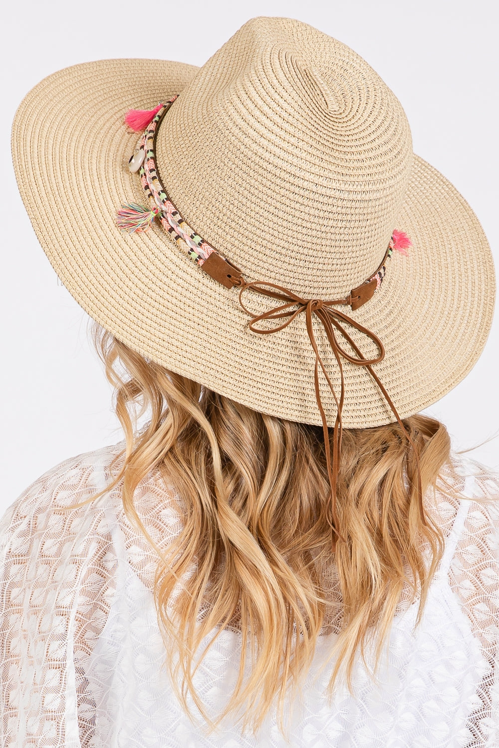 Beige Bohemian Tassel Banded Straw Sun Hats - Pack of Six