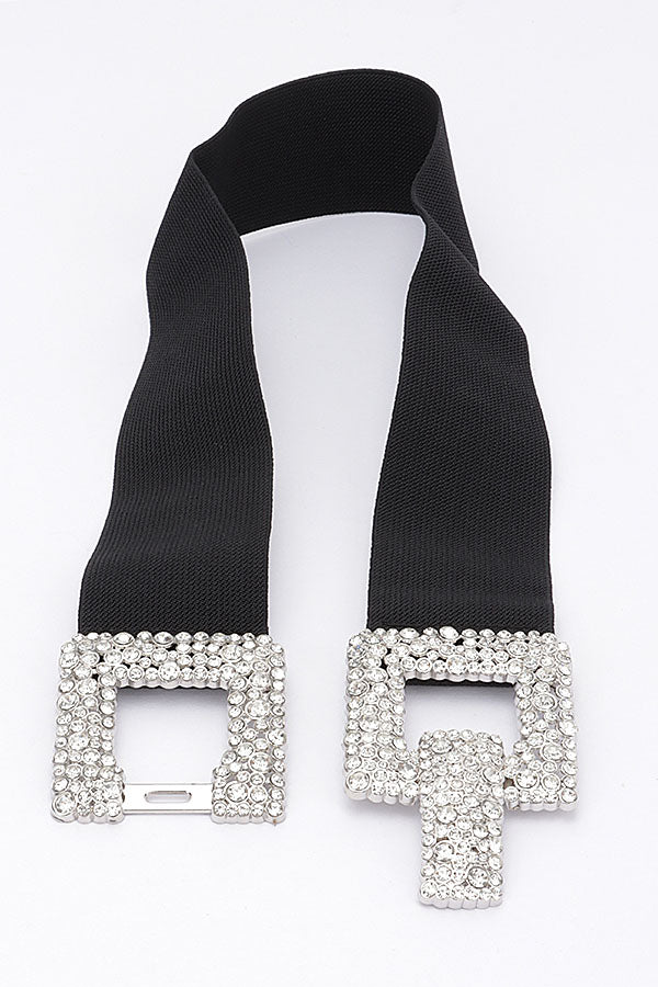 Pack of 6 Clear Gold Rhinestone Buckle Elastic Belts - 3638
