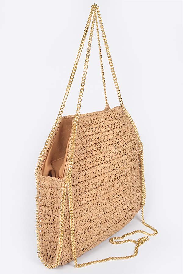 Pack of 3 Faux Straw Chain Tote Bags in Khaki Color (Style 4211)