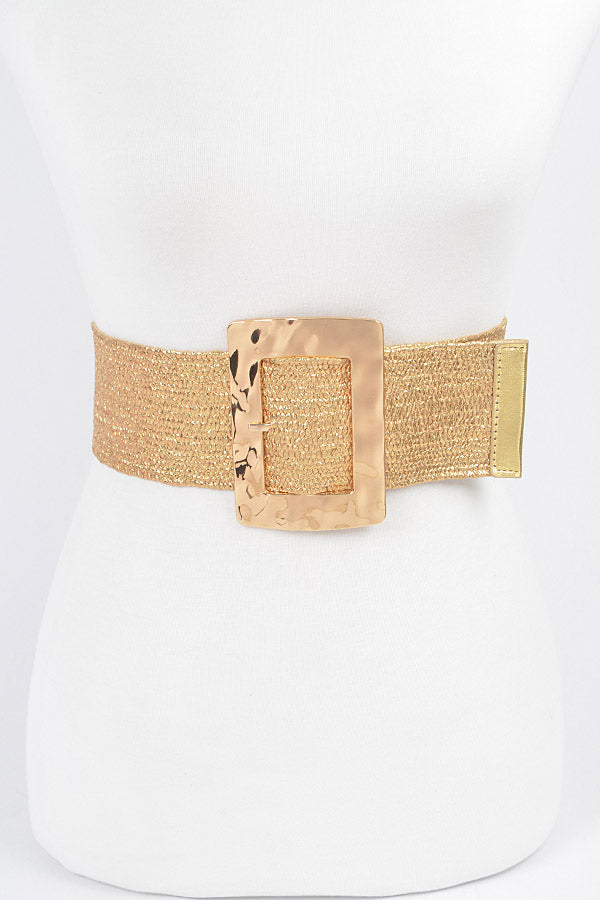 Pack of 6 Rectangle Metal Buckle Stretch Straw Belts in 7578 Gold Color