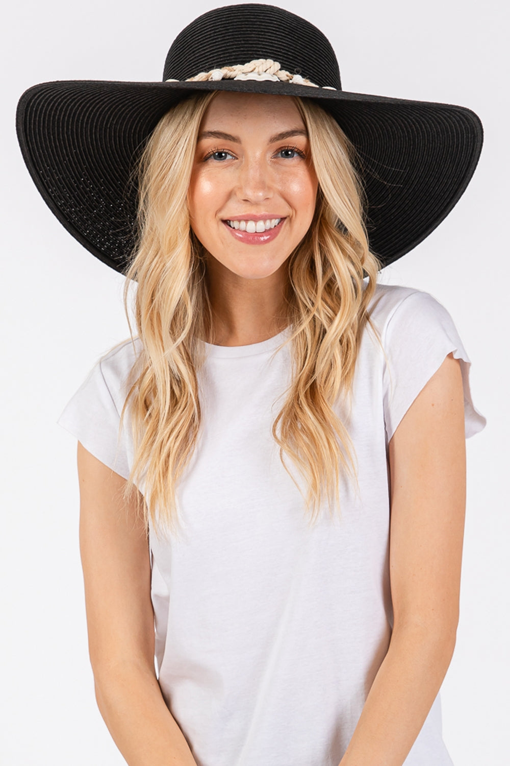 Pack of 6 Black Wide-Brimmed Straw Sun Hats with Shell and Conch Braided Bands for Summer