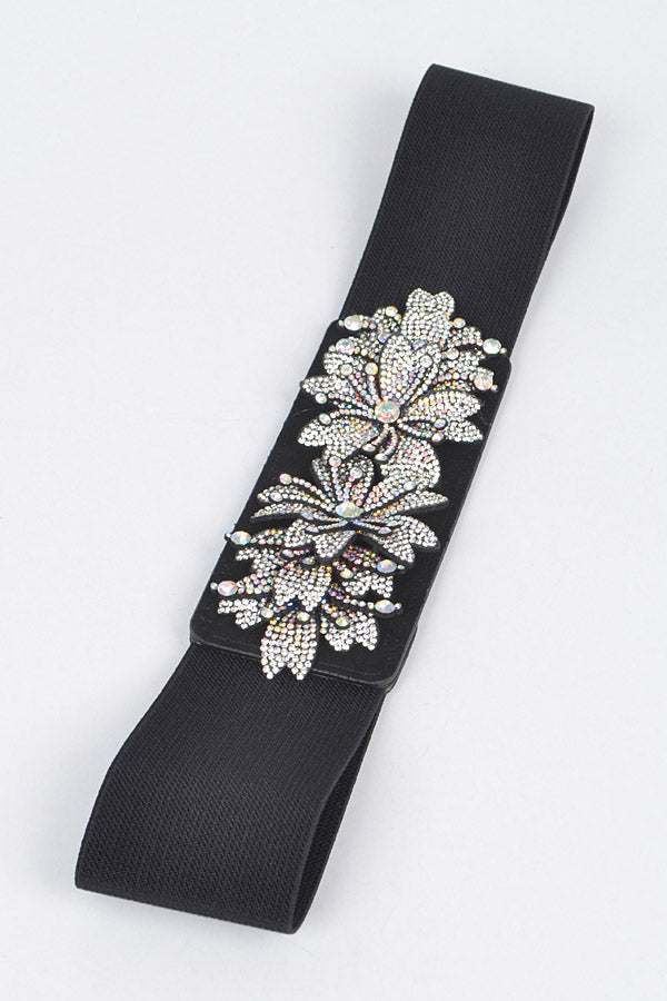 Pack of 6 AB Stone Flower Elastic Belts in Black Color