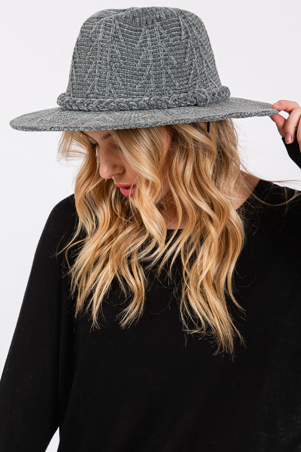 6-Pack Denim Fedora with Braided Band and Chenille Pattern