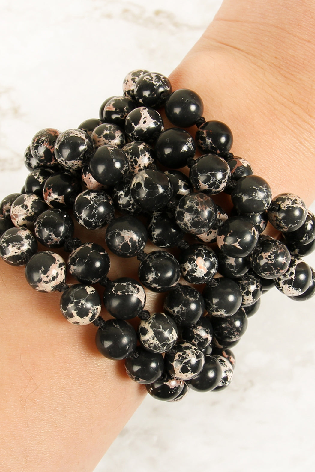 Pack of 6 - 60-Inch Long Black Marble Beads Necklace
