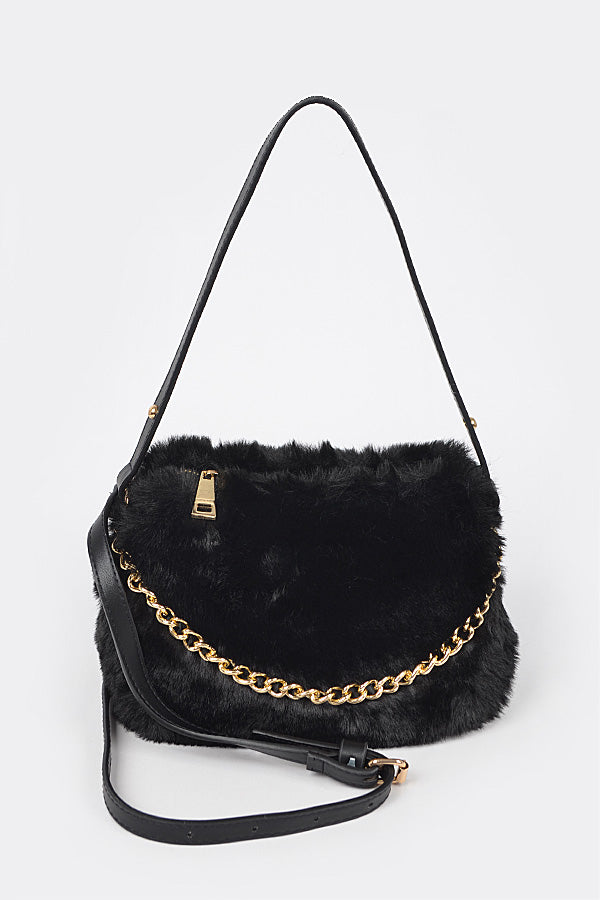Stylish Black Faux Fur Shoulder Bags - Set of 3