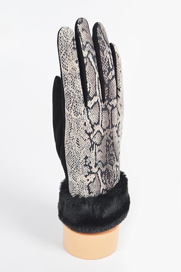 Beige Snake Print Gloves with Faux Fur - Pack of 6
