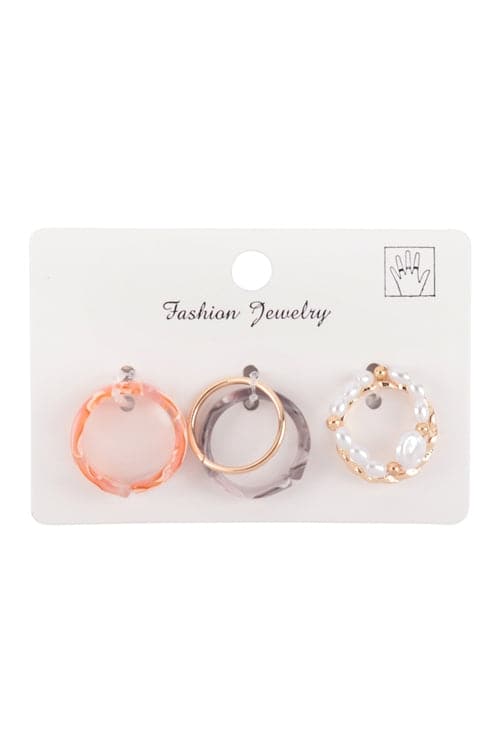 Assorted Multicolor Marble Resin Twisted Beaded Pearl Ring Set - Pack of 6