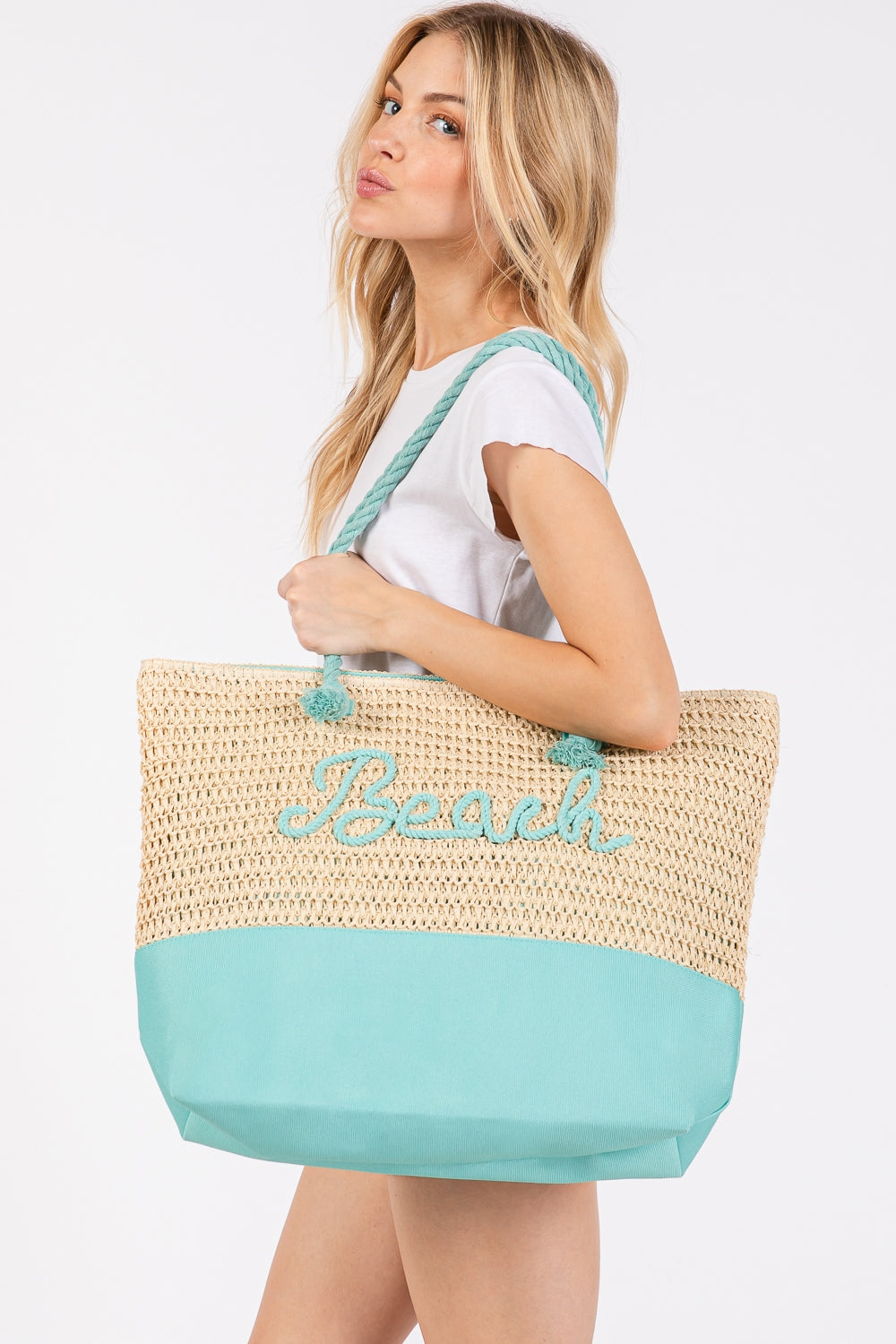 Blue Fabric Tote Bags with Crochet Letters and Straps - Pack of 6