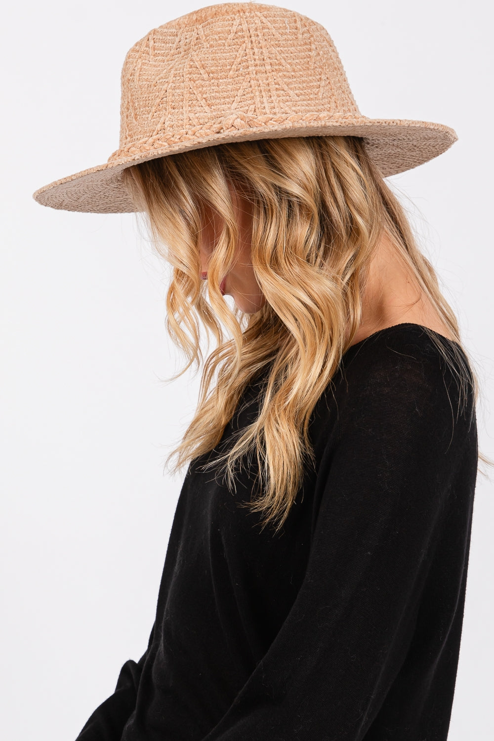 Beige Chenille Pattern Fedora Hats with Braided Band - Pack of 6