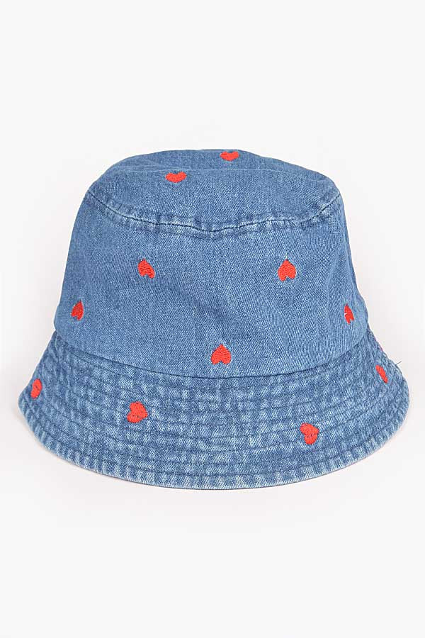 Pack of 6 Medium Blue Denim Heart Embroidery Bucket Hats