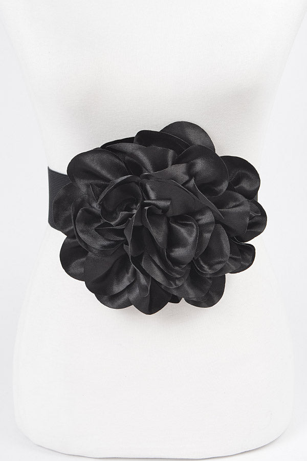 Pack of 6 Satin Big Flower Elastic Belts in Classic Black