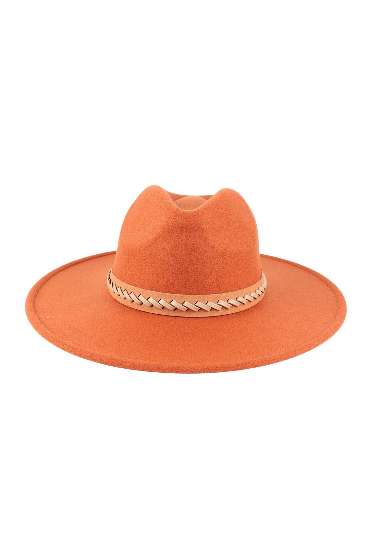 Fashionable Felt Brimmed Hat with Leather Braided Design in Camel Color - Pack of Six Pieces
