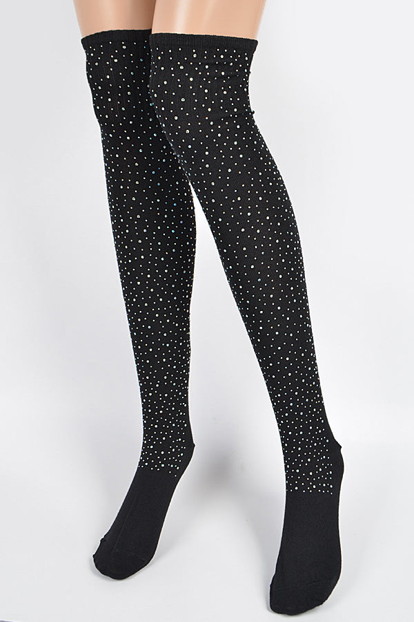 Pack of 6 - 5848 Black AB Acrylic Stone Knee - High Socks