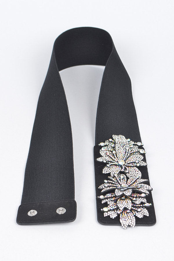 Pack of 6 AB Stone Flower Elastic Belts in Black Color
