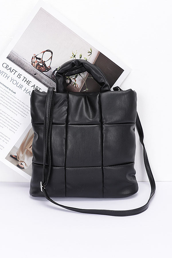 Set of 3 Black 9626 Quilted Faux Leather Tote Bags