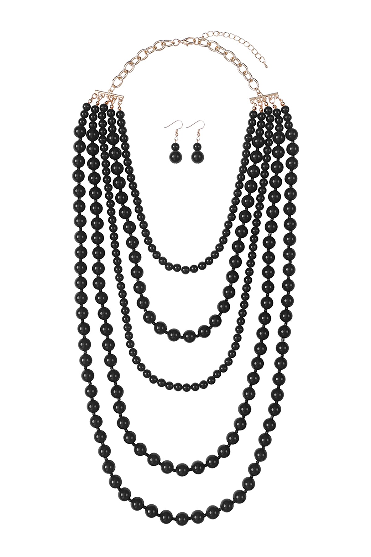 Pack of 6 Black Multi - Layered Glass Stone Beads Necklace and Earrings Set