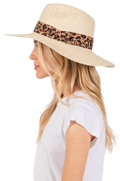 Beige Leopard Band Straw Sun Hats - Set of 6 for Casual Outdoor Wear