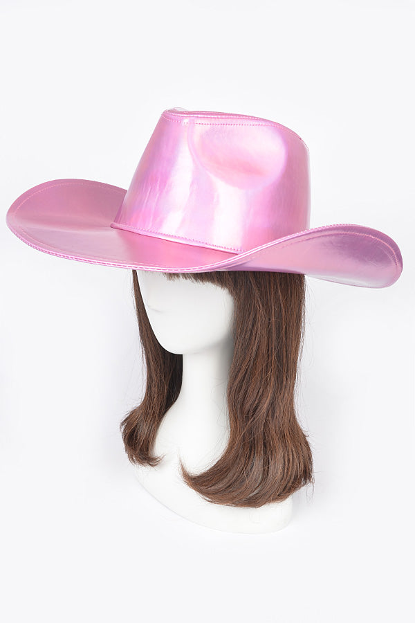 Set of 6 Metallic Faux Leather Cowboy Hats in Pink Color - Style 9771