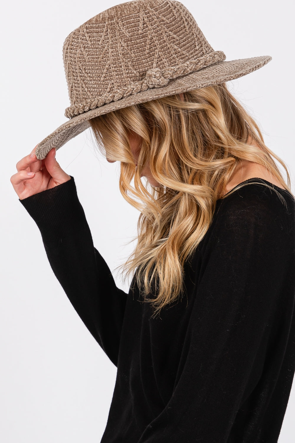 Pack of 6 Khaki Chenille Pattern Fedora Hats with Braided Band