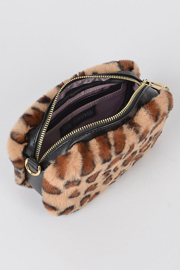 Set of 3 Stylish Leopard - Inspired Faux Fur Cross - Body Bags