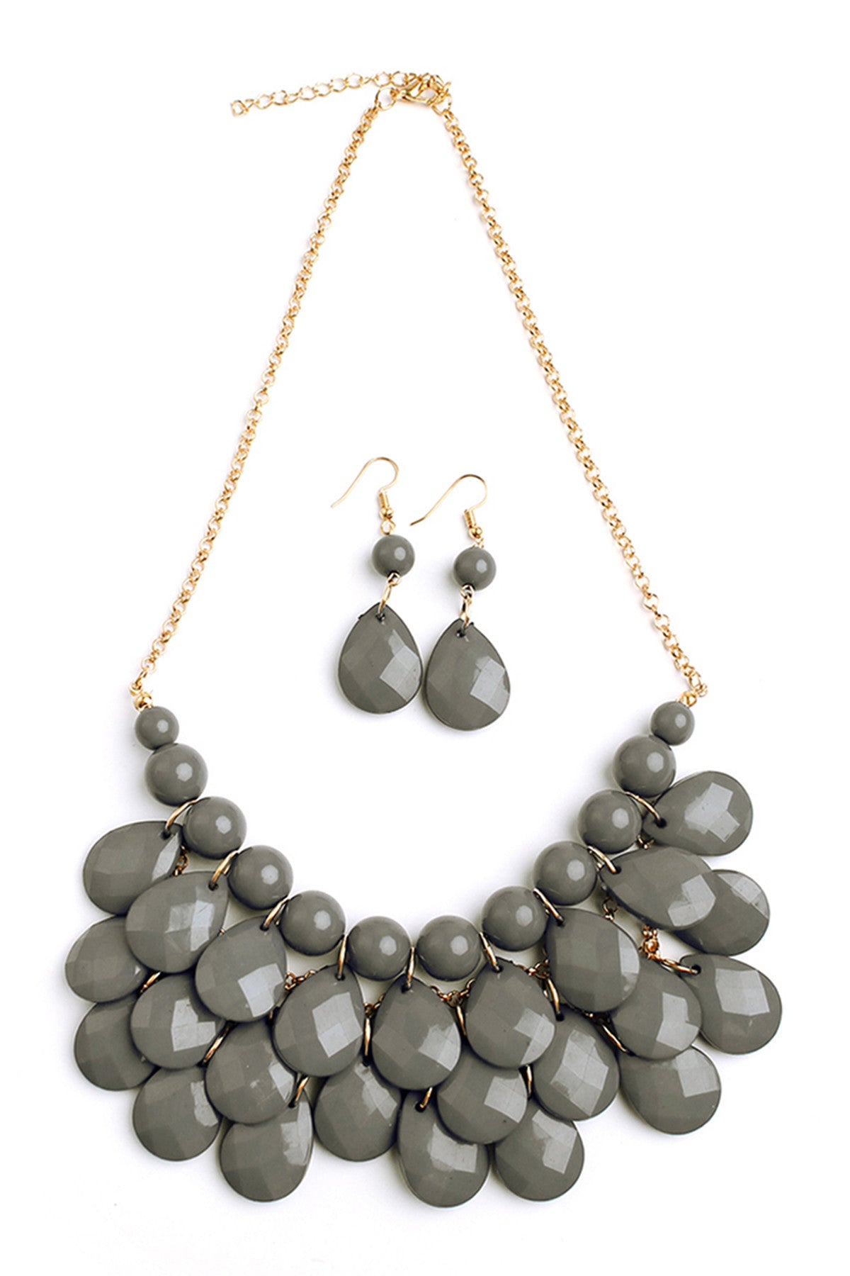 Set of 6 Dark Gray Teardrop Bubble Style Bib Necklaces and Matching Earrings Jewelry Accessories