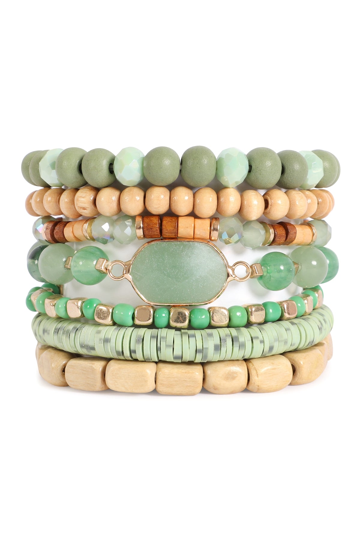 Stackable Green Charm Layered Wood, FIMO, and Rondelle Mix Beads Bracelet - Pack of Six Handmade Jewelry Pieces