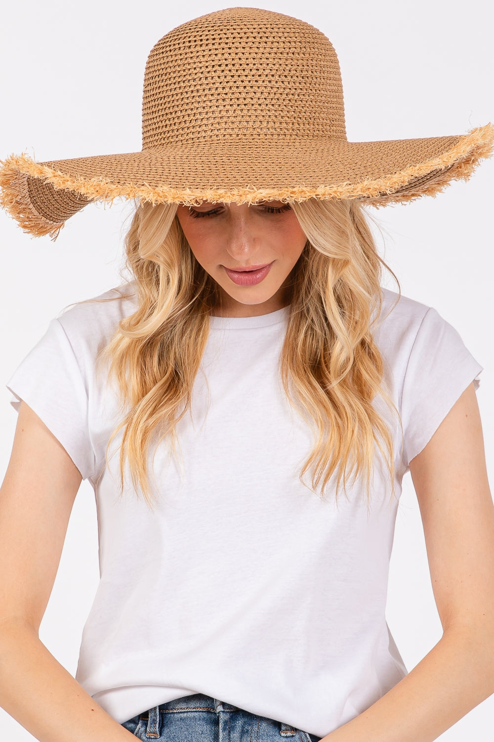 Taupe Frayed Edge Floppy Straw Hats - Set of 6