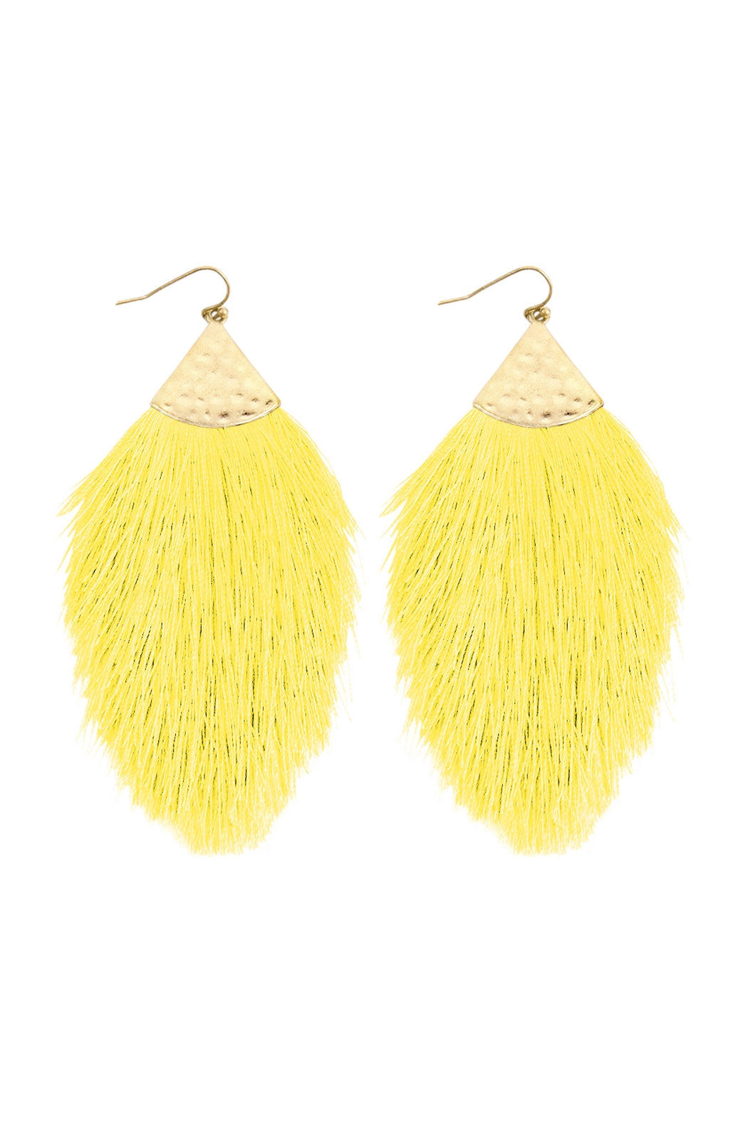 Set of 6 Yellow Tassel Earrings with Hammered Metal Hook and 3 - Foot Drop Length