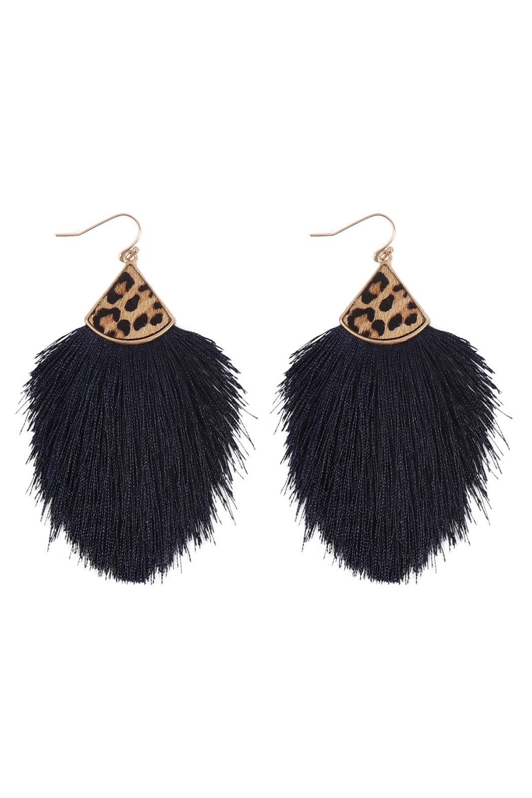 Navy and Leopard Patterned Genuine Leather Tassel Hook Style Earrings - Set of Six Pieces