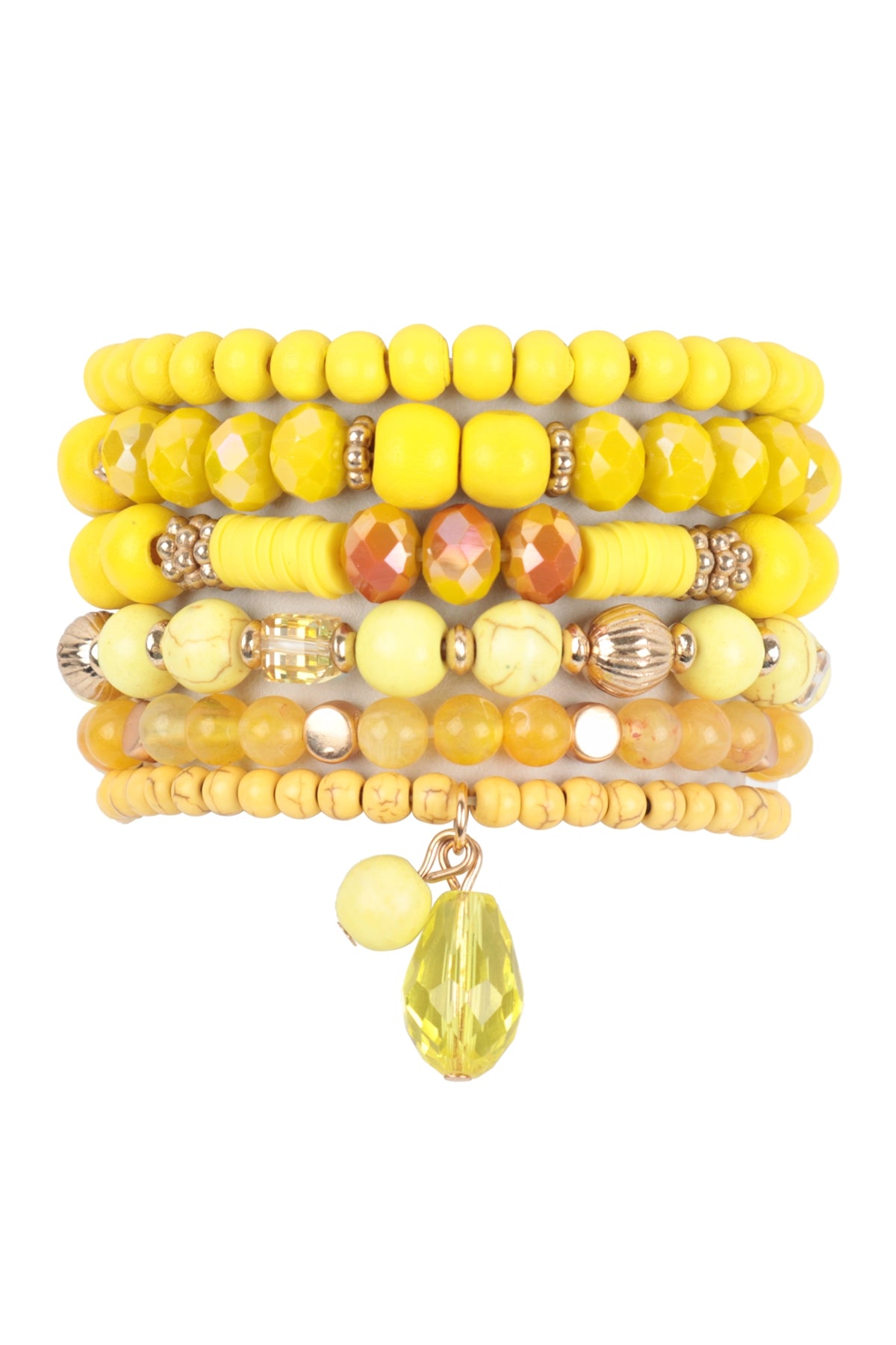 Yellow Natural Stone and Wood Mix Beads Stretch Bracelet Set - Pack of 6
