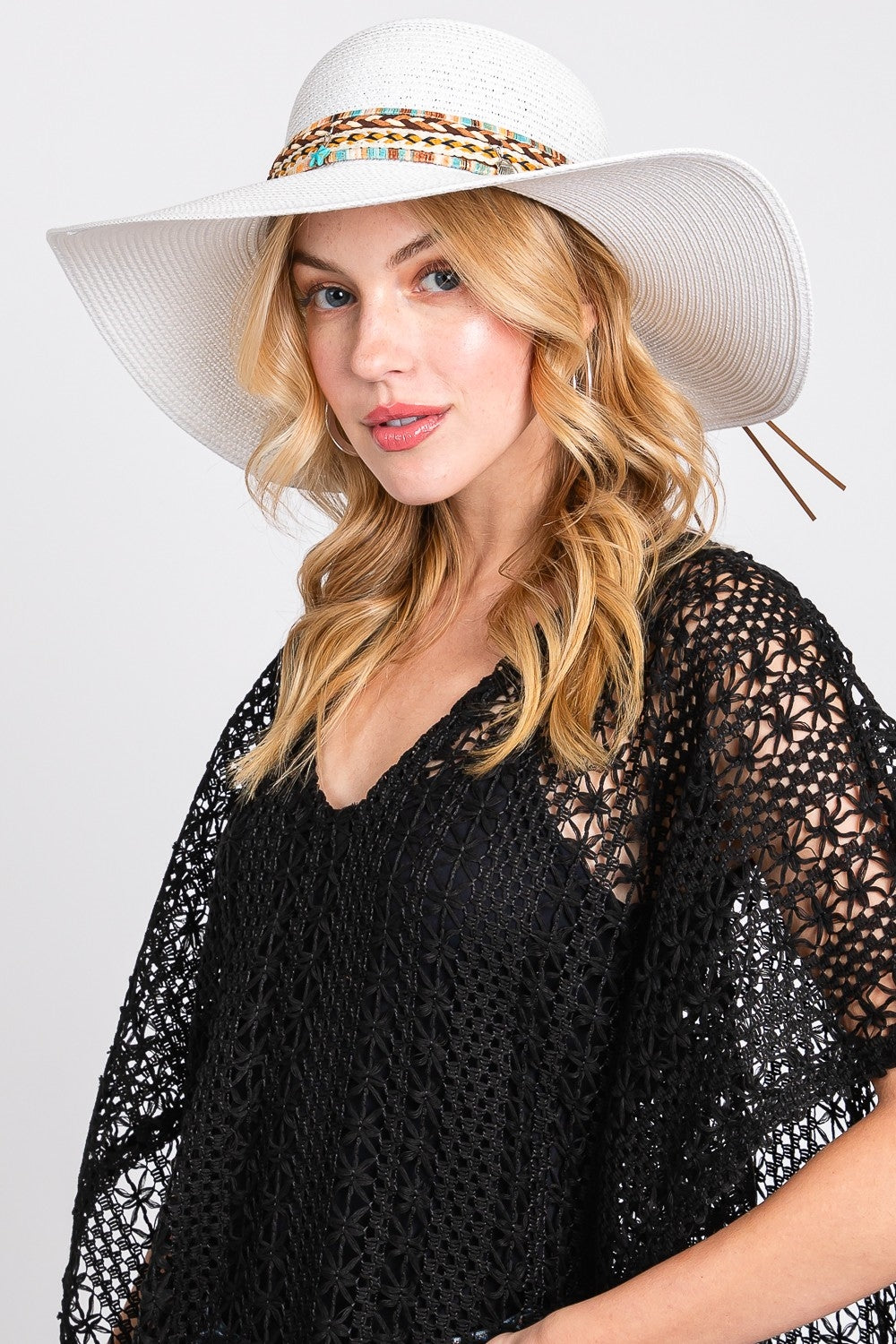 Pack of 6 White Floppy Straw Hats with Bohemian and Sea - themed Bands