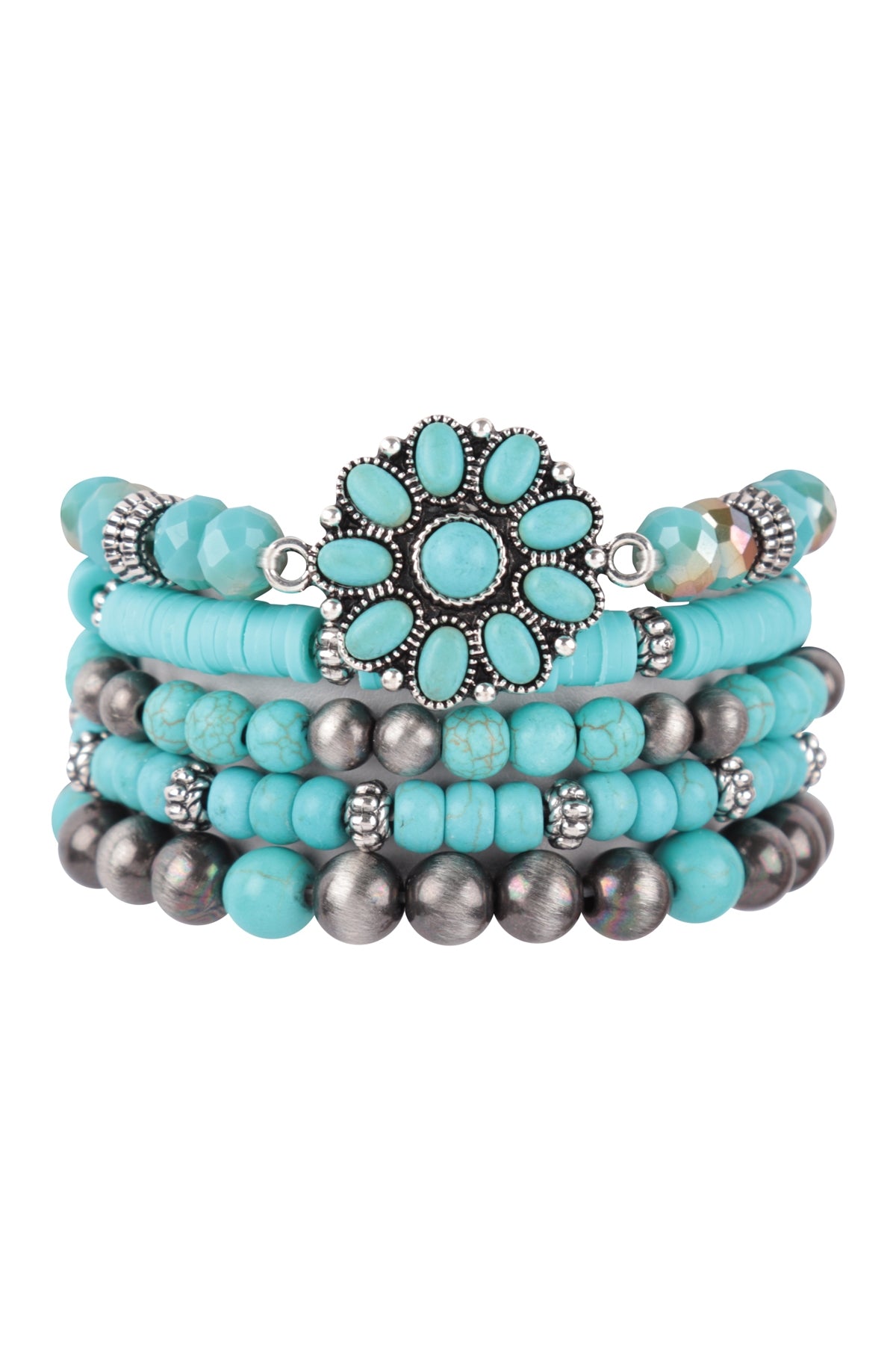 Pack of 6 Western Concho Style Turquoise Flower Stone Bracelets with 5 Lines Design