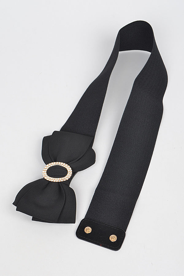 Pack of 6 Stylish 9648 Black Rhinestone Bow Buckle Stretch Belts