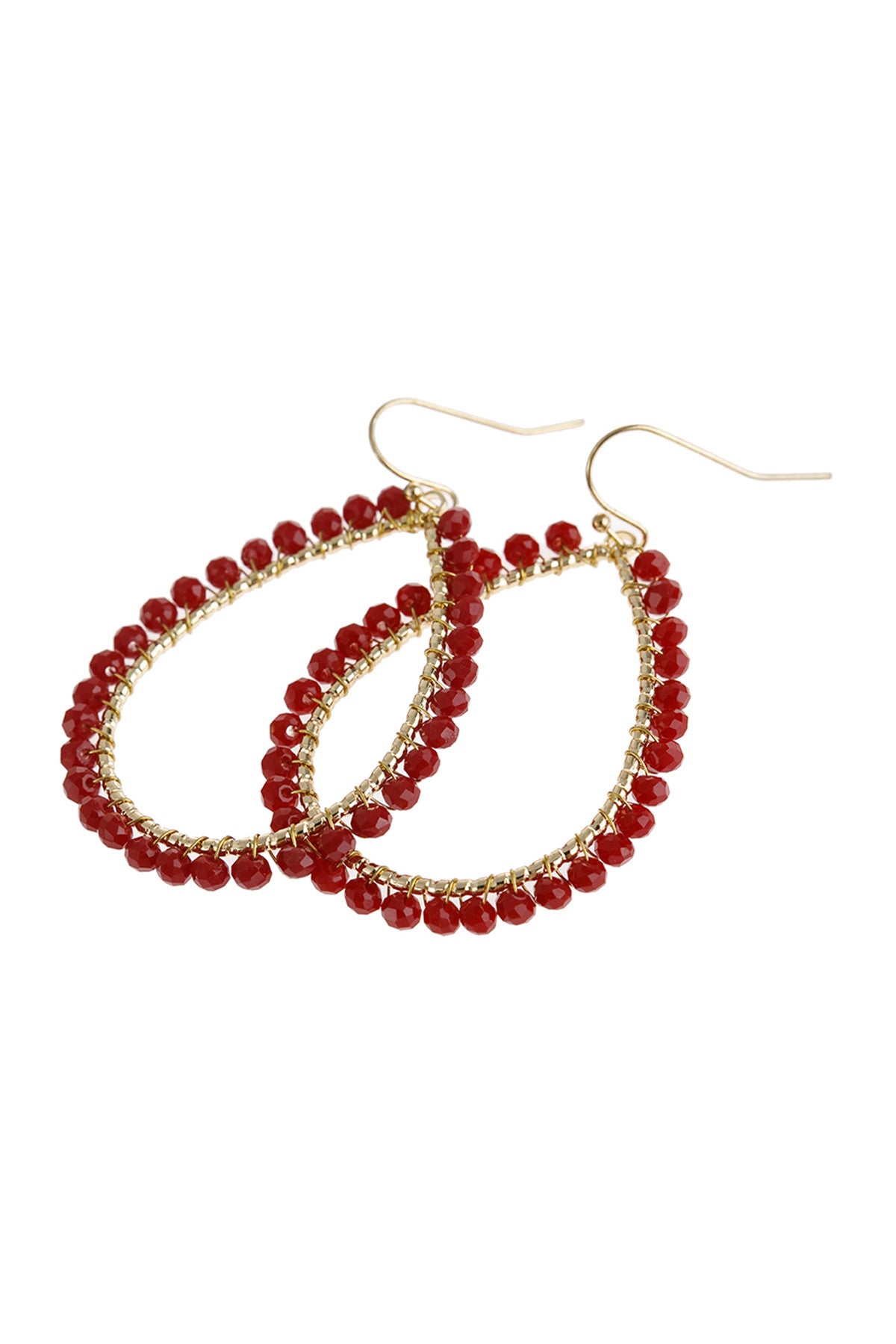 Set of 6 Burgundy Wire Teardrop Hook Earrings with Glass Beads