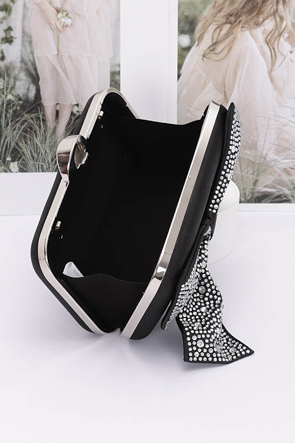 Set of 3 Stylish 1626 Black Rhinestone Hotfix Ribbon Nylon Hard Case Clutches