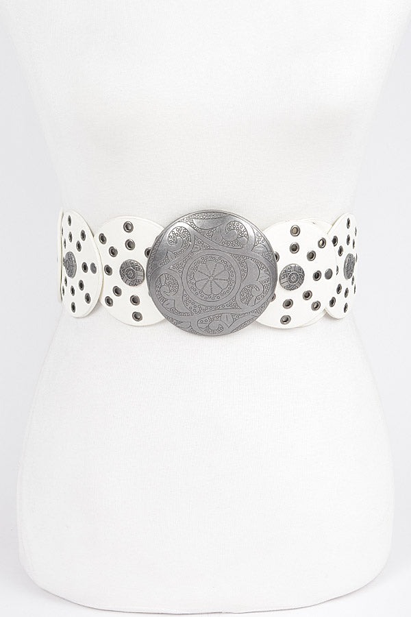 Set of 6 Western Style Faux Leather Multi - Eyelet Round White Belts 9368