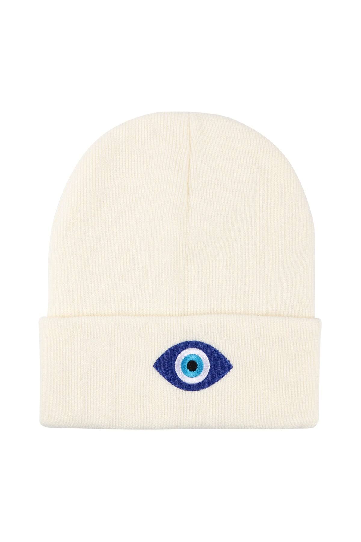 Pack of 6 White Knitted Beanie Featuring Evil Eye Design