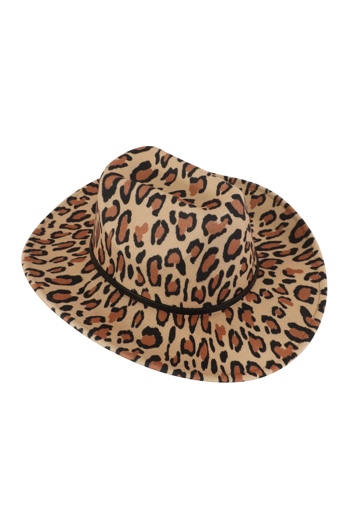 Light Brown Leopard Print Fedora Hat with Leather Band - Set of Six Pieces
