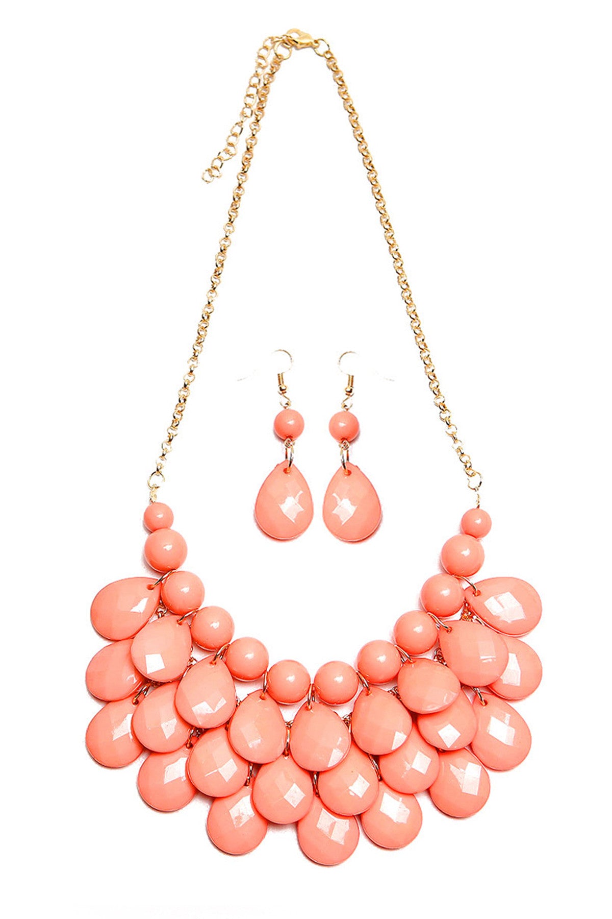 Pack of 6 - Dusty Pink Teardrop Bubble Style Bib Necklace and Earring Set