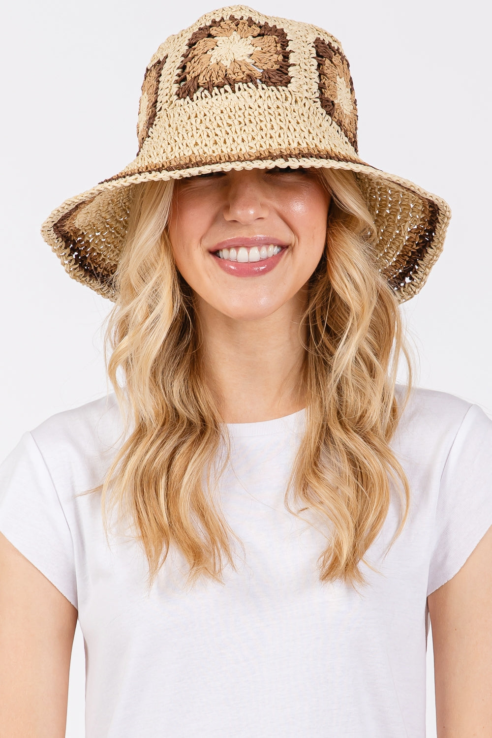 Beige Floral Crochet Straw Material Bucket Hat - Pack of Six Pieces
