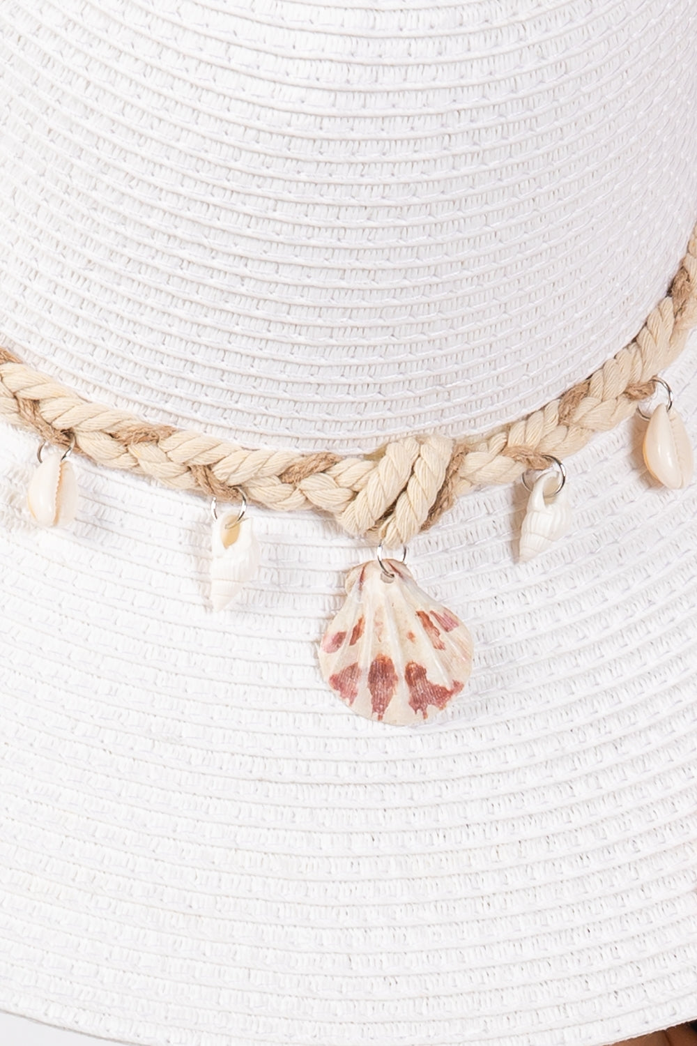 Pack of 6 White Wide - Brim Straw Sun Hat with Shell and Conch Braided Trim