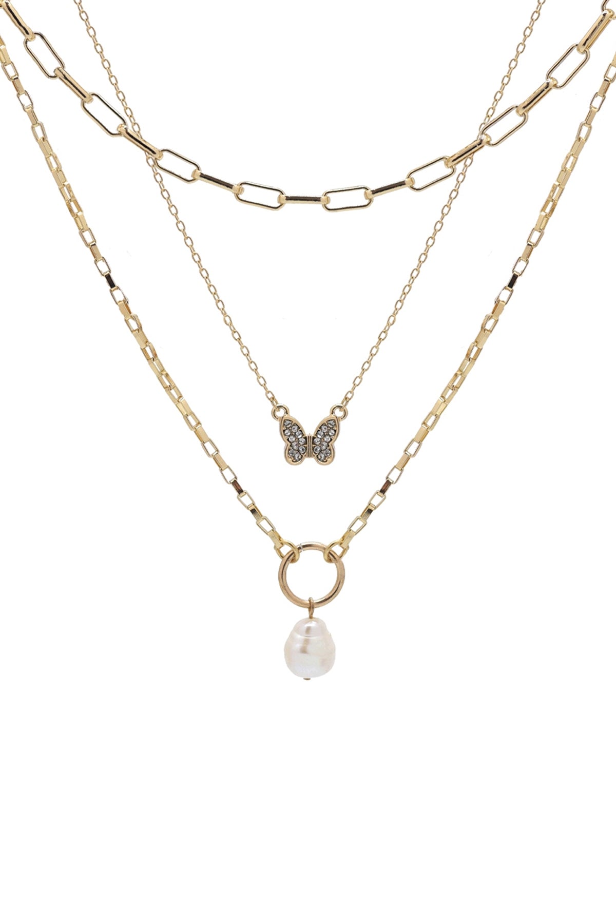 Set of 6 Freshwater Pearl Butterfly-Inspired Layered 3-Chain Necklaces in White Gold