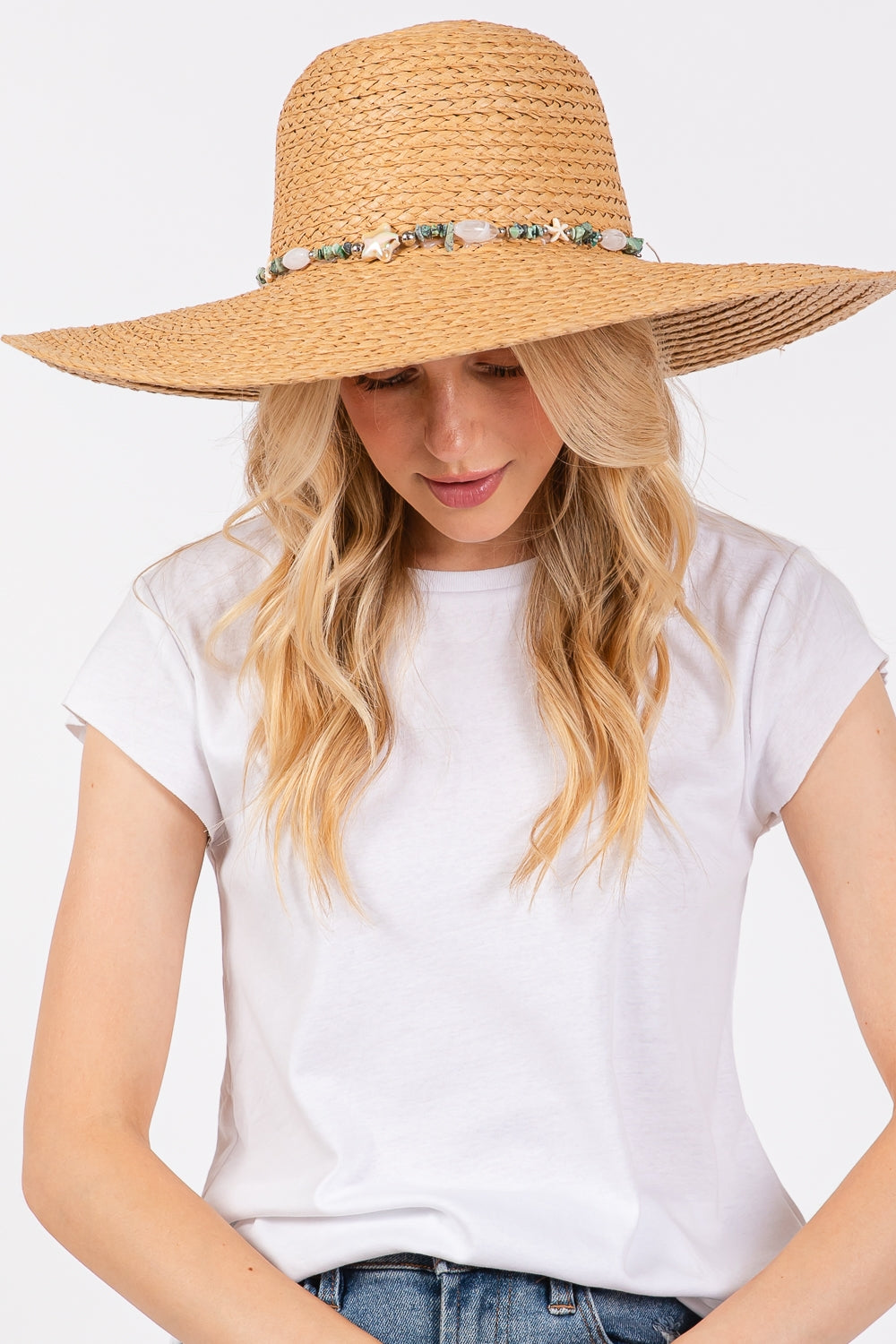 Pack of 6 Taupe Wide Brim Floppy Sun Hats with Turquoise Gemstone and Starfish Decorative Band